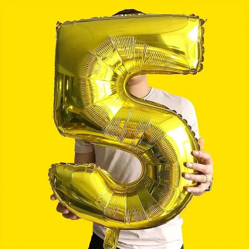 Balon Cifra 5 din Folie Aluminiu, Umflare cu Aer sau Heliu, Reutilizabil cu Supapă, Inclus Pai Umflare, 81 cm, Auriu