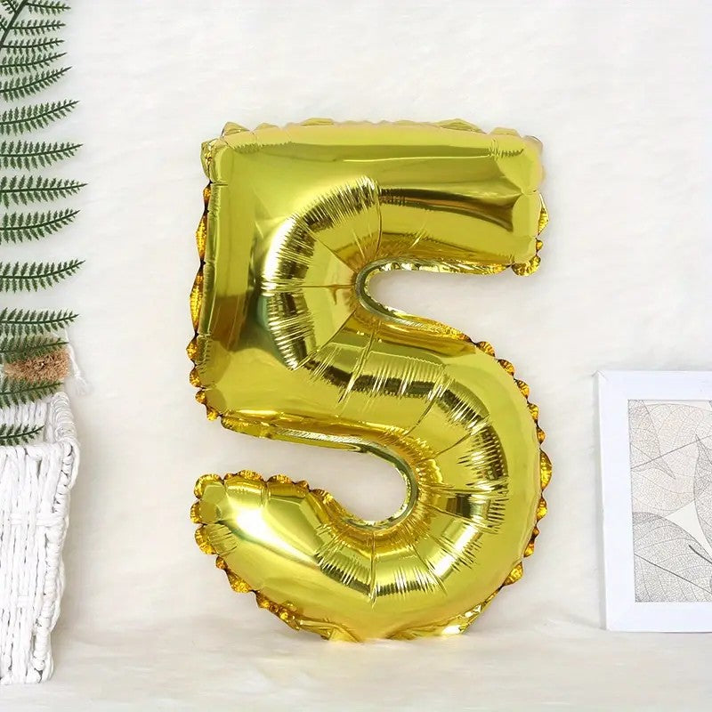 Balon Cifra 5 din Folie Aluminiu, Umflare cu Aer sau Heliu, Reutilizabil cu Supapă, Inclus Pai Umflare, 81 cm, Auriu