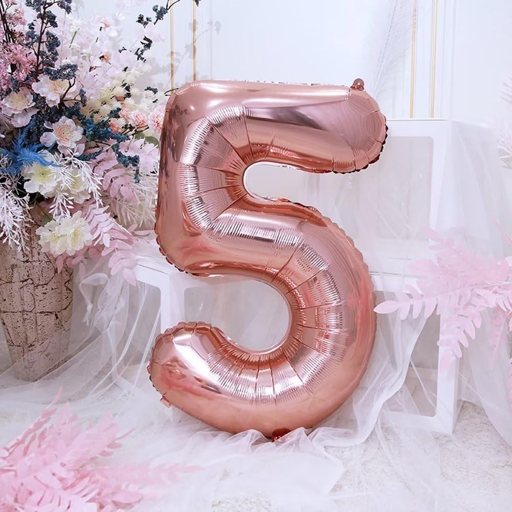 Balon din Folie Cifra 5 pentru Aniversare, Umflare cu Aer sau Heliu, Aluminiu cu Agatatoare, 81 cm, Roz Auriu