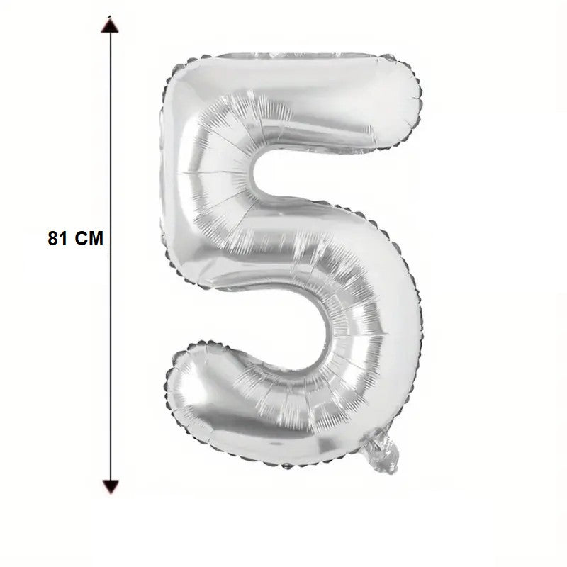 Balon Cifra 5 din Folie de Aluminiu, Compatibil Aer sau Heliu, Reutilizabil, Argintiu, 81 cm