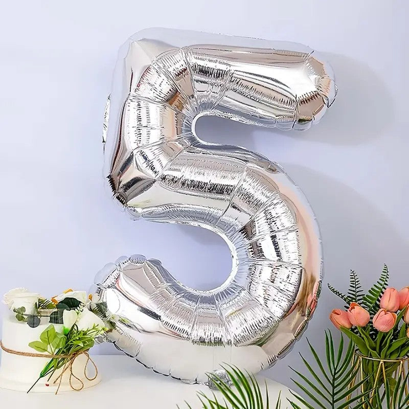 Balon Cifra 5 din Folie de Aluminiu, Compatibil Aer sau Heliu, Reutilizabil, Argintiu, 81 cm