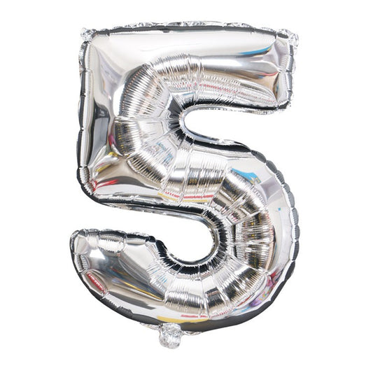 Balon Cifra 5 din Folie de Aluminiu, Compatibil Aer sau Heliu, Reutilizabil, Argintiu, 81 cm