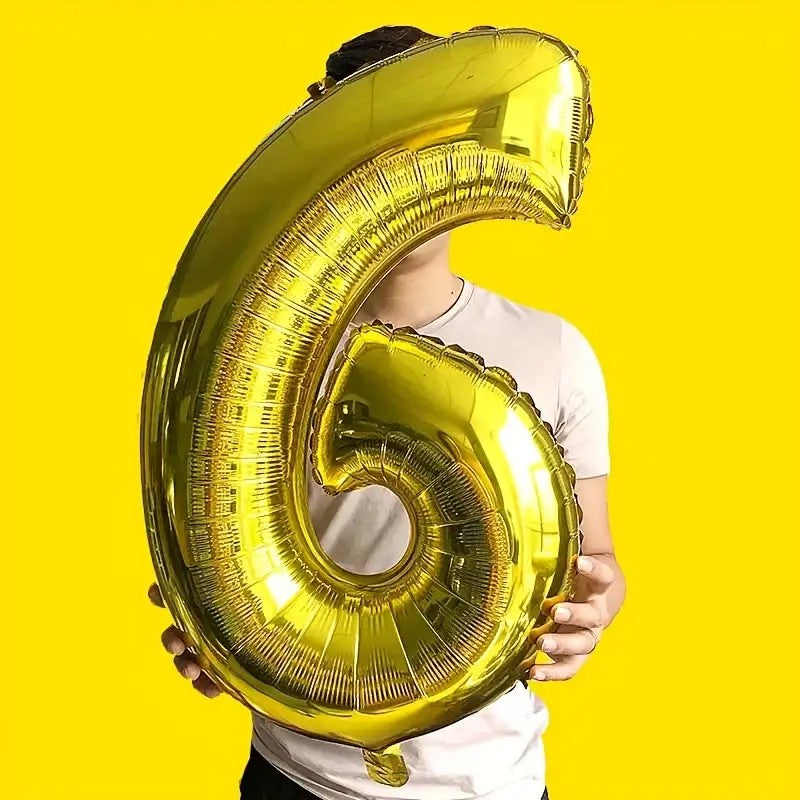 Balon Cifra 6, Balon Aniversar din Folie Aluminiu, Umflare Aer sau Heliu, Reutilizabil cu Pai Inclus, 81 cm, Auriu