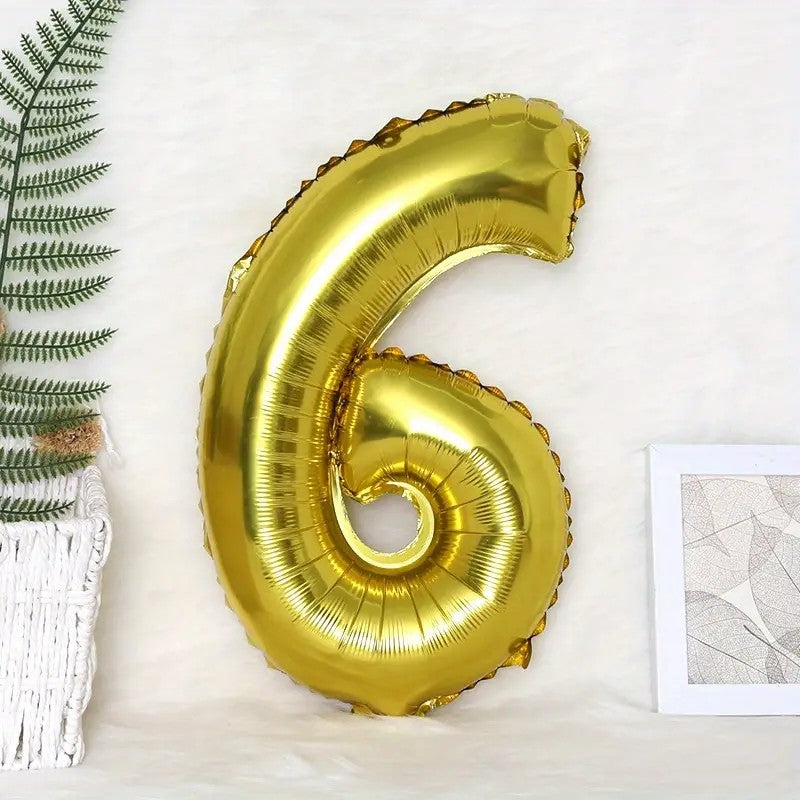 Balon Cifra 6, Balon Aniversar din Folie Aluminiu, Umflare Aer sau Heliu, Reutilizabil cu Pai Inclus, 81 cm, Auriu