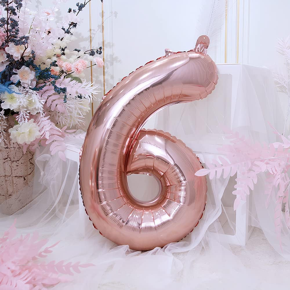 Balon Cifra 6 Aniversar, Umflare Aer sau Heliu, Material Folie Aluminiu cu Agatatoare si Pai Inclus, 81 cm, Roz Auriu