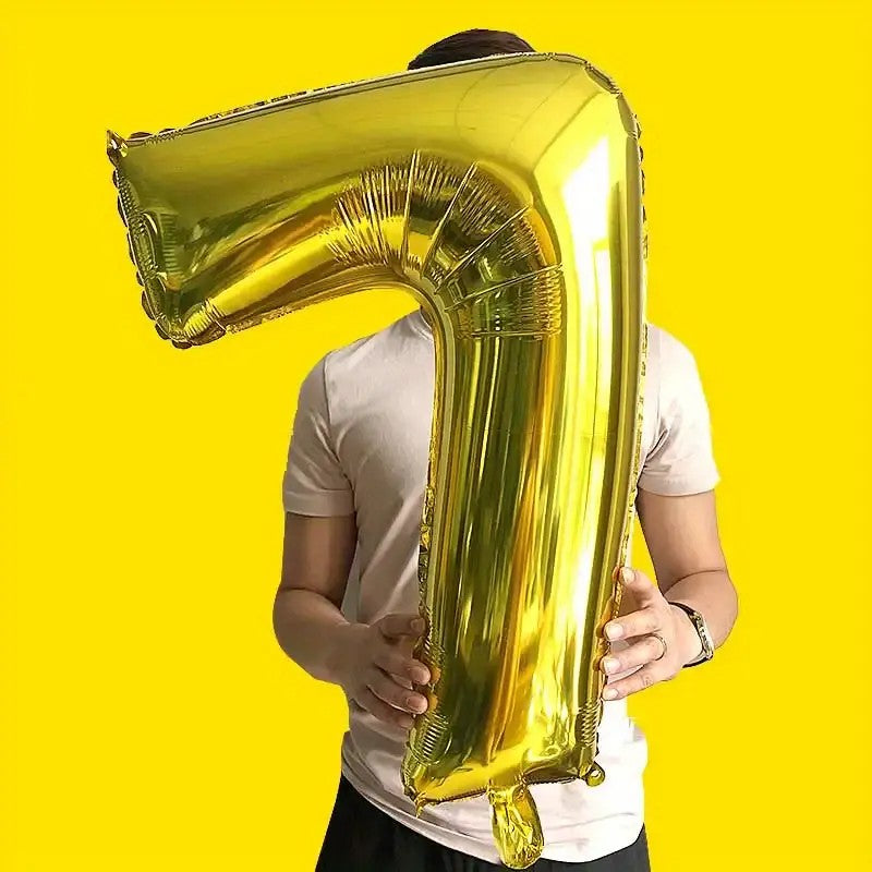 Balon Cifra 7 din Folie de Aluminiu, Umflare cu Aer sau Heliu, Reutilizabil cu Pai Inclus, 81 cm, Auriu