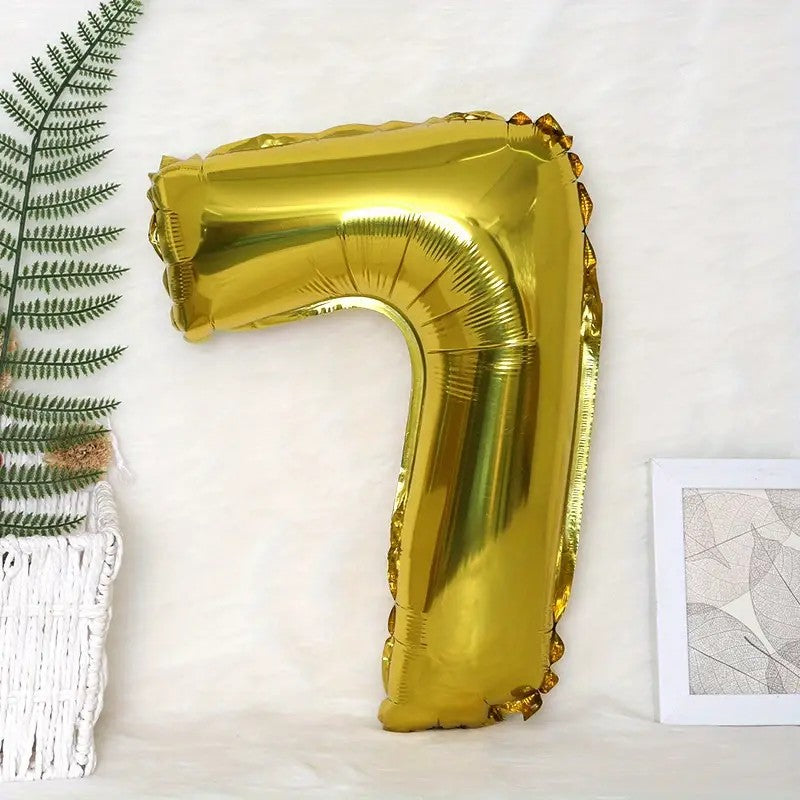 Balon Cifra 7 din Folie de Aluminiu, Umflare cu Aer sau Heliu, Reutilizabil cu Pai Inclus, 81 cm, Auriu