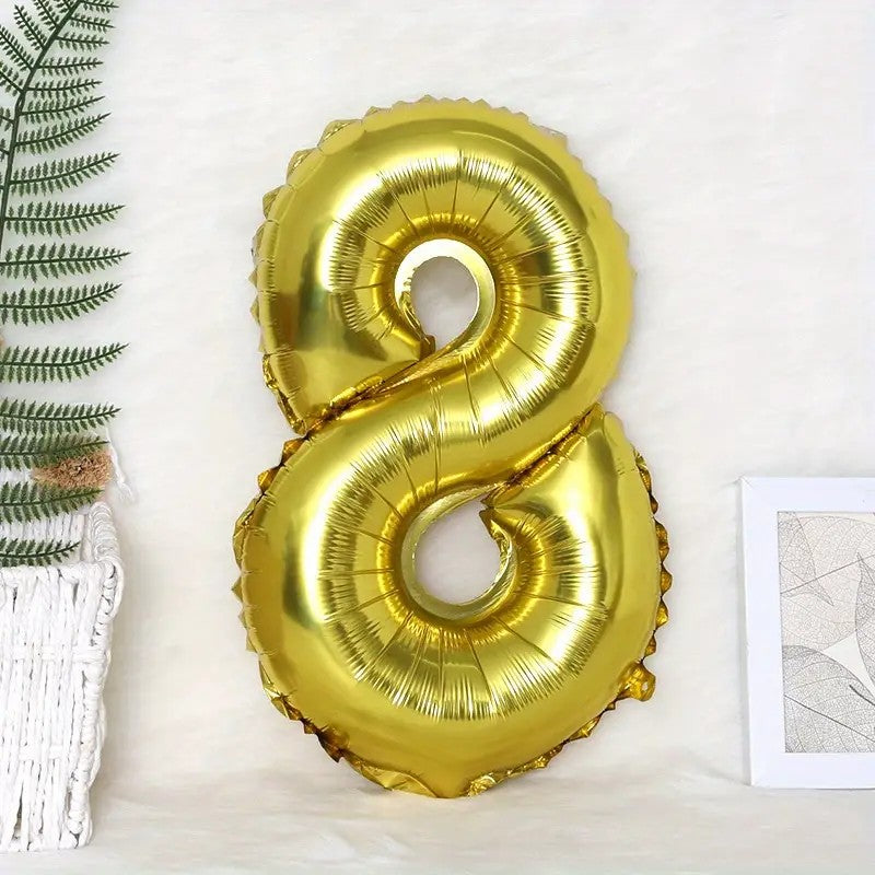 Balon din Folie Cifra 8, Balon Aniversar pentru Aer sau Heliu, Folie Aluminiu cu Pai Inclus, 81 cm, Auriu