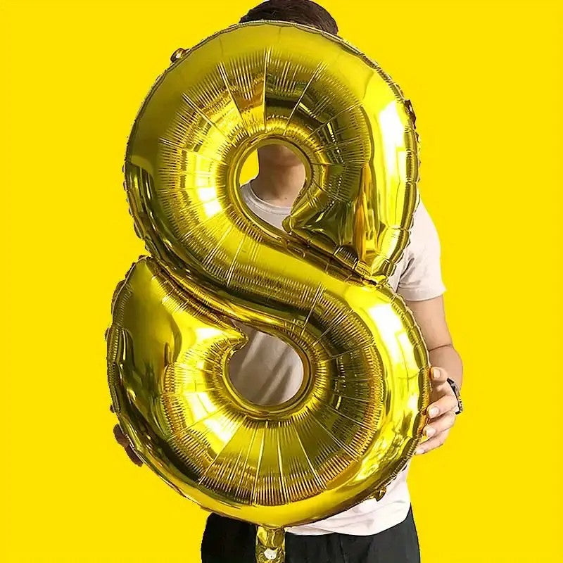 Balon din Folie Cifra 8, Balon Aniversar pentru Aer sau Heliu, Folie Aluminiu cu Pai Inclus, 81 cm, Auriu