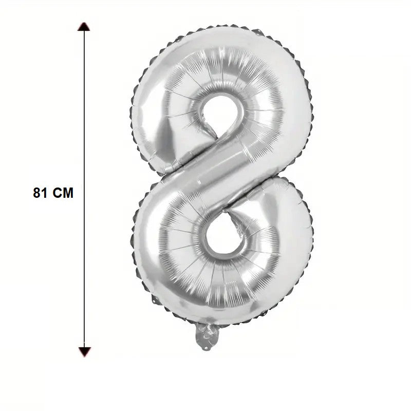 Balon Din Folie Aluminiu Cifra 8, Umflare Aer Sau Heliu, Cu Agatatoare Si Pai Inclus, Argintiu, 81 cm