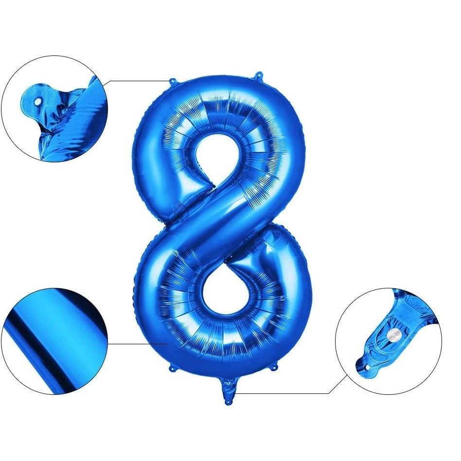 Balon din Folie Aluminiu Cifra 8, Compatibil Aer sau Heliu, Include Pai Umflare, 81 cm, Albastru