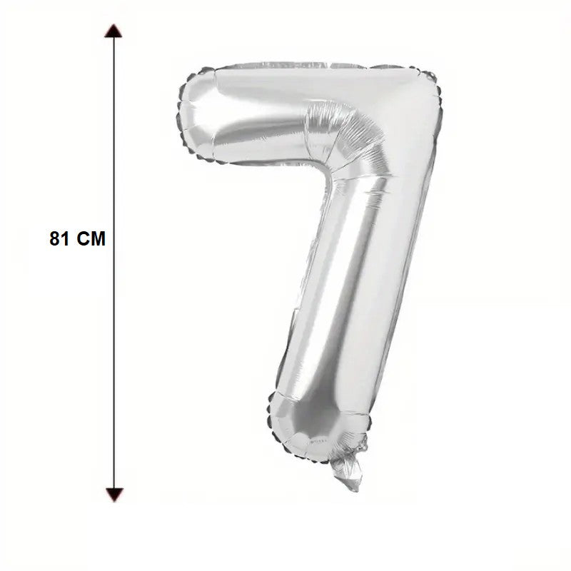 Balon Cifra 7 Din Folie Aluminiu, Pentru Aer Sau Heliu, Cu Agatatoare Si Pai Umflare Inclus, Argintiu, 81 cm