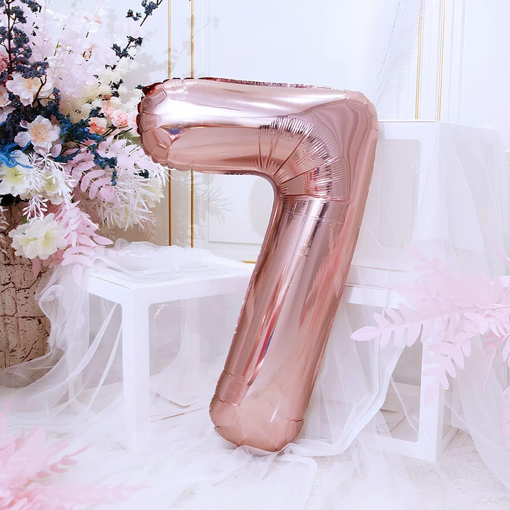 Balon din Folie Aluminiu Cifra 7, Compatibil Aer sau Heliu, Reutilizabil cu Pai de Umflare Inclus, 81 cm, Roz Auriu