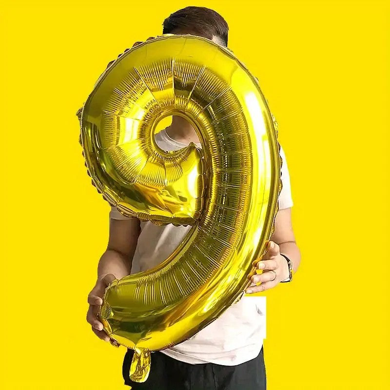 Balon Aniversar Cifra 9, Balon din Folie Aluminiu pentru Aer sau Heliu, Include Pai Umflare, 81 cm, Auriu