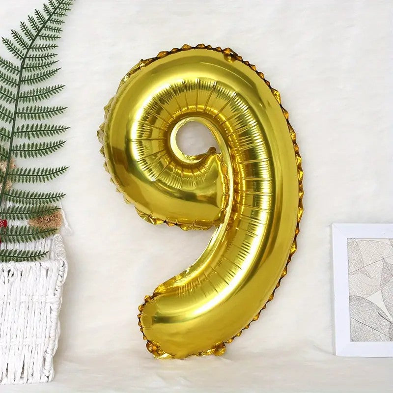 Balon Aniversar Cifra 9, Balon din Folie Aluminiu pentru Aer sau Heliu, Include Pai Umflare, 81 cm, Auriu