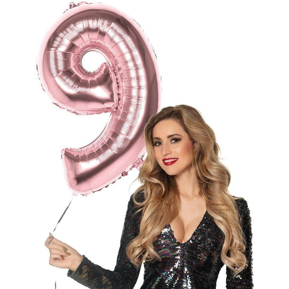 Balon Cifra 9 Pentru Aniversare, Folie Aluminiu Rezistenta, Umflare Aer sau Heliu, Include Pai, 81 cm, Roz Auriu