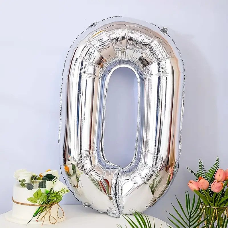Balon din Folie Cifra 0, Balon Aniversar pentru Aer sau Heliu, Reutilizabil cu Supapă, Folie Aluminiu, 81 cm, Argintiu