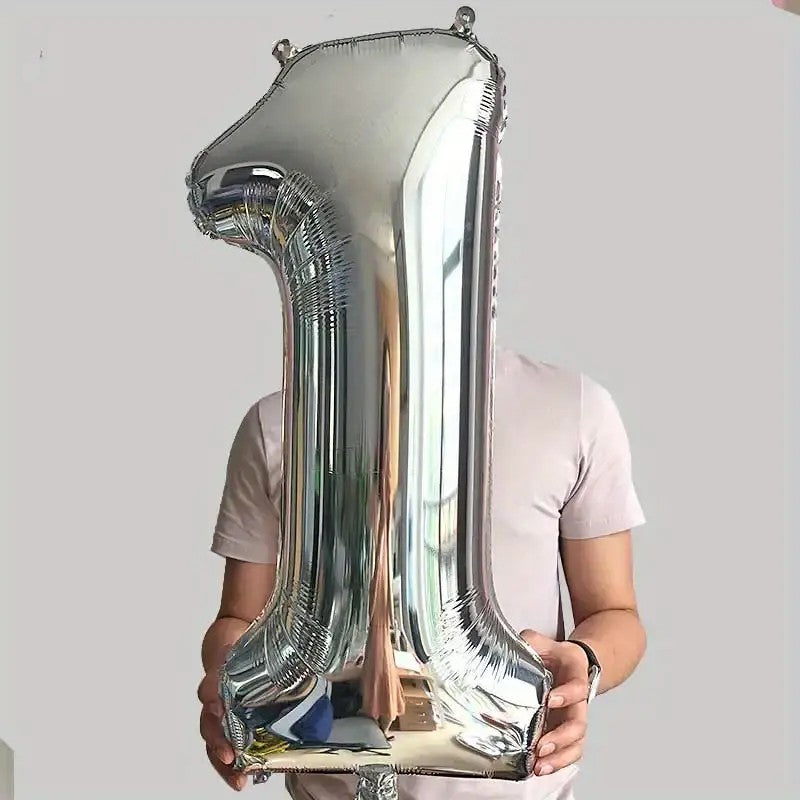 Balon Cifra 1 Aniversar, Umflare Aer sau Heliu, Agatatoare Incluse, Aluminiu, 81 cm, Argintiu