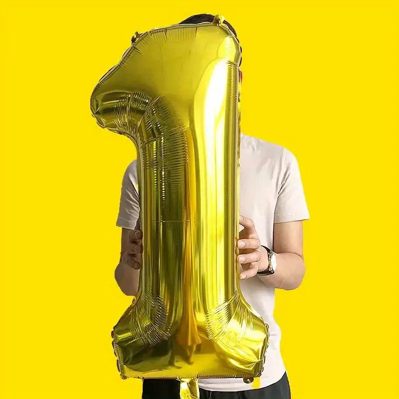 Balon Cifra 1 Aniversar, Balon din Folie Aluminiu pentru Aer sau Heliu, include Pai Umflare, Auriu, 81 cm