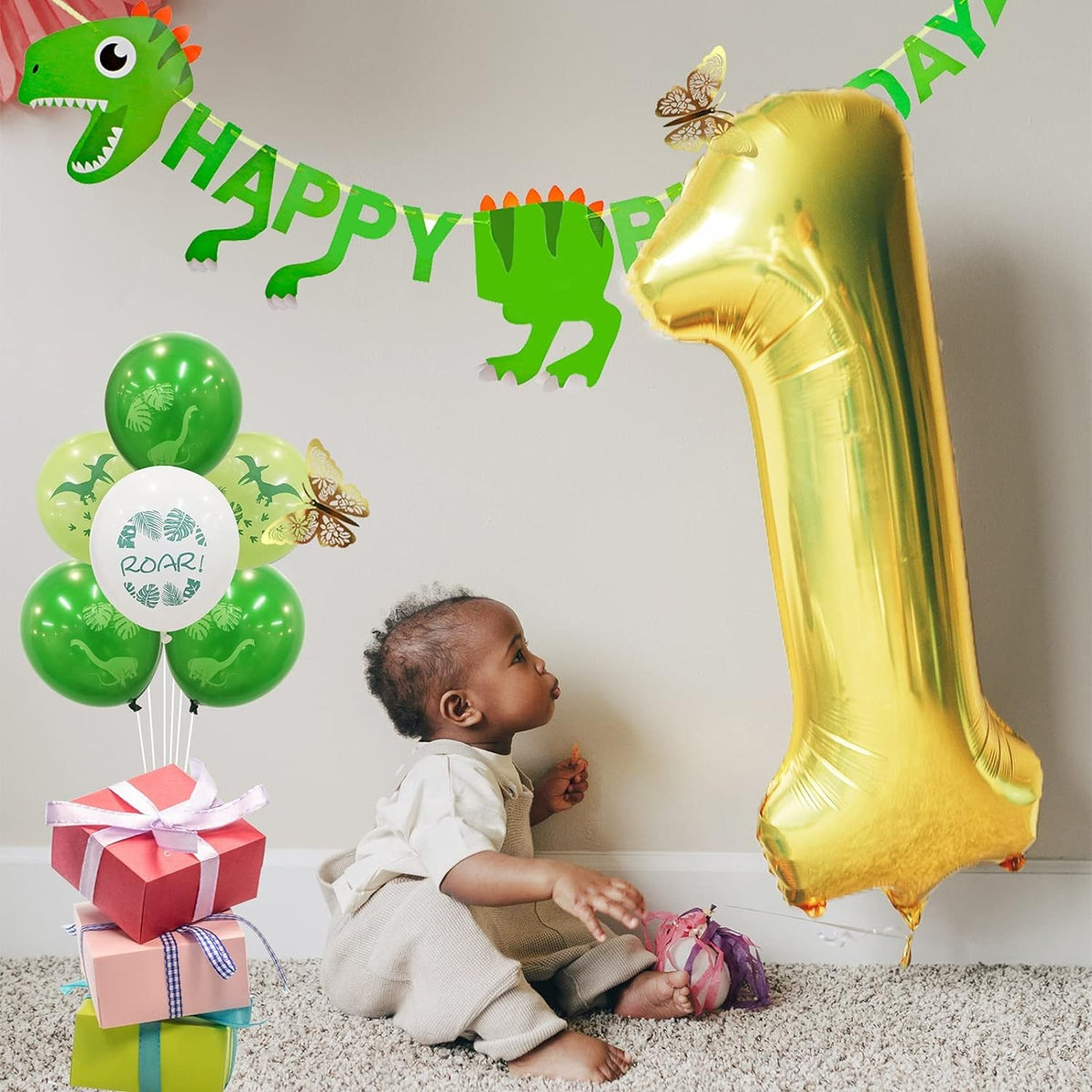 Balon Cifra 1 Aniversar, Balon din Folie Aluminiu pentru Aer sau Heliu, include Pai Umflare, Auriu, 81 cm