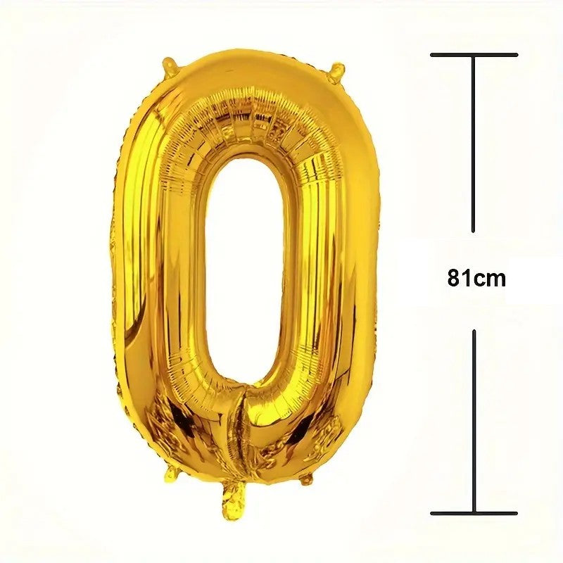 Balon Cifra 0 Aniversar, Folie Aluminiu Rezistentă, Umflare Aer sau Heliu, Include Pai, 81 cm, Auriu