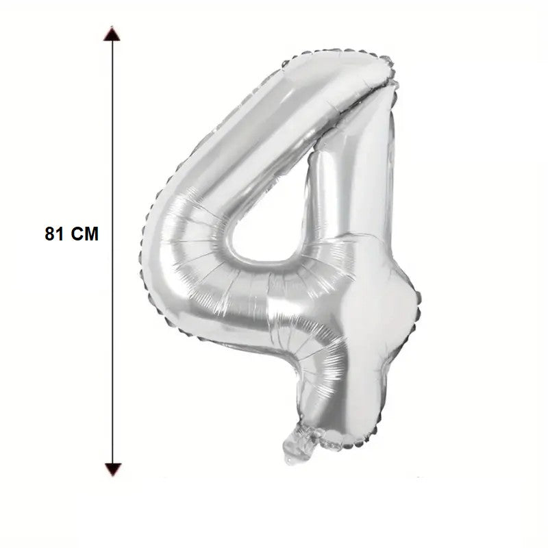 Balon Cifra 4 Aniversar, Balon din Folie de Aluminiu pentru Aer sau Heliu, Reutilizabil cu Pai de Umflare Inclus, Argintiu, 81 cm