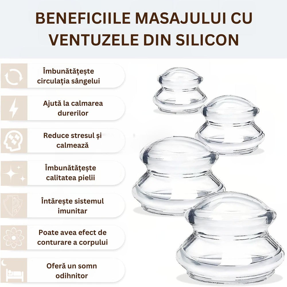 Set 4 Ventuze Masaj Anticelulitic și Terapeutic, Cupping pentru Drenaj Limfatic și Relaxare Musculară, Silicon Medical, 4 Dimensiuni, Alb Transparent