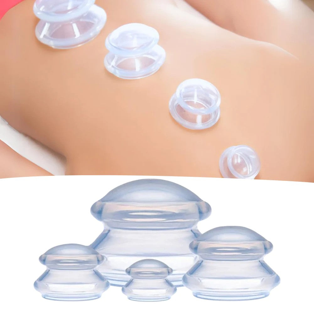 Set 4 Ventuze Masaj Anticelulitic și Terapeutic, Cupping pentru Drenaj Limfatic și Relaxare Musculară, Silicon Medical, 4 Dimensiuni, Alb Transparent