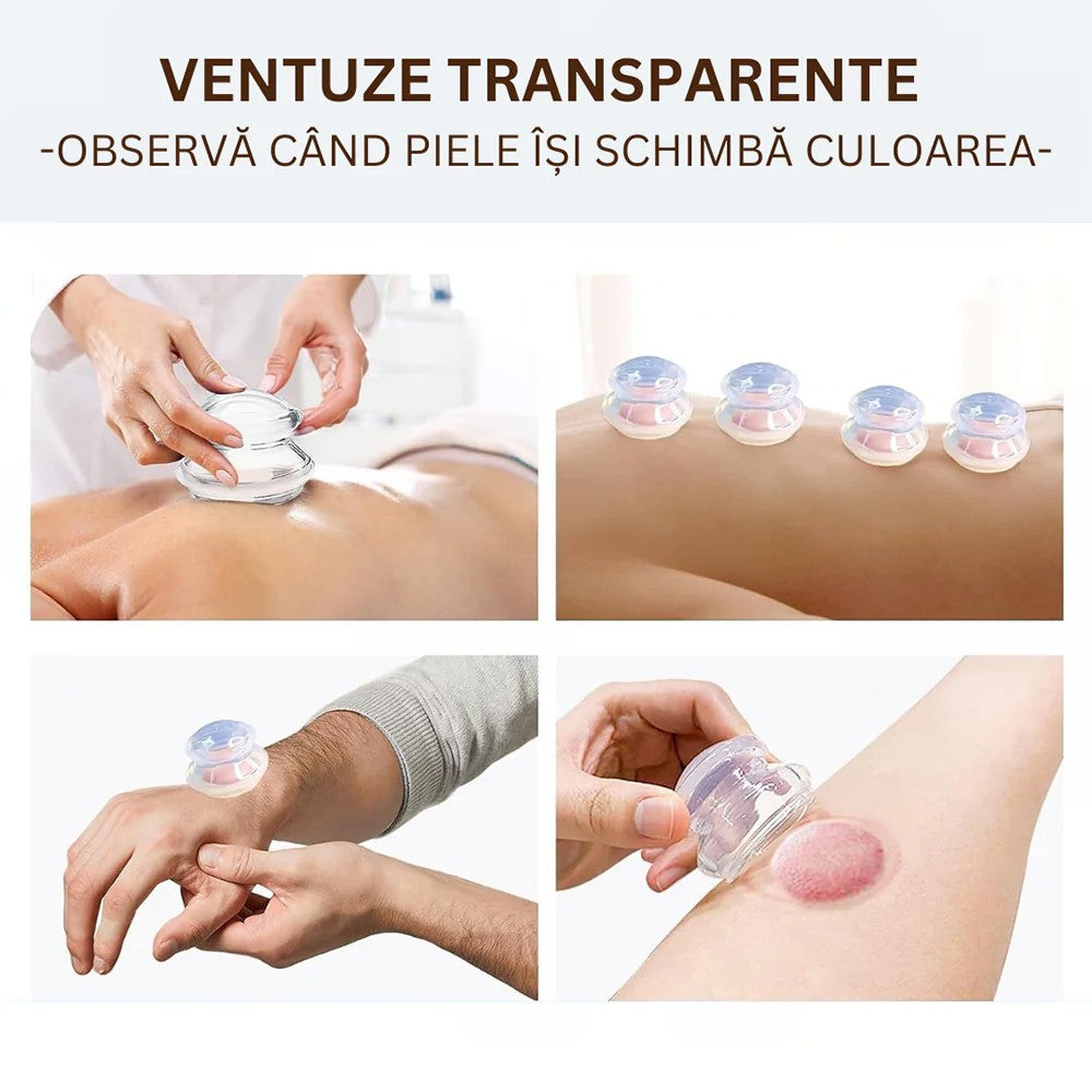 Set 4 Ventuze Masaj Anticelulitic și Terapeutic, Cupping pentru Drenaj Limfatic și Relaxare Musculară, Silicon Medical, 4 Dimensiuni, Alb Transparent