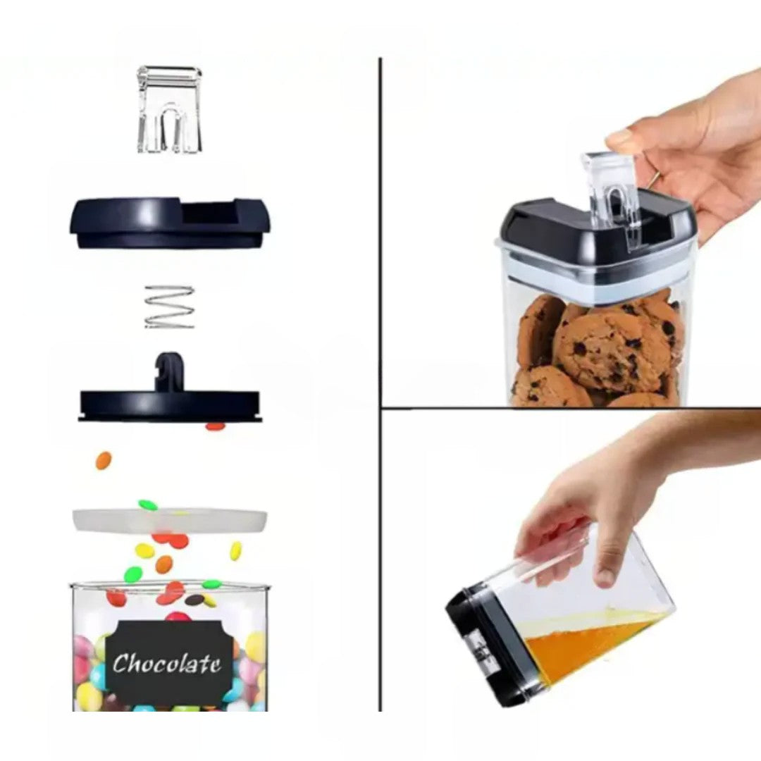 Set 7 Recipiente Organizare Alimente, Inchidere Etansa si Capace cu Garnitura, Plastic Dur Non-Toxic, Include Etichete Reutilizabile si Cupe Masurare, Transparent, 4 Dimensiuni 0.5l-1.9l