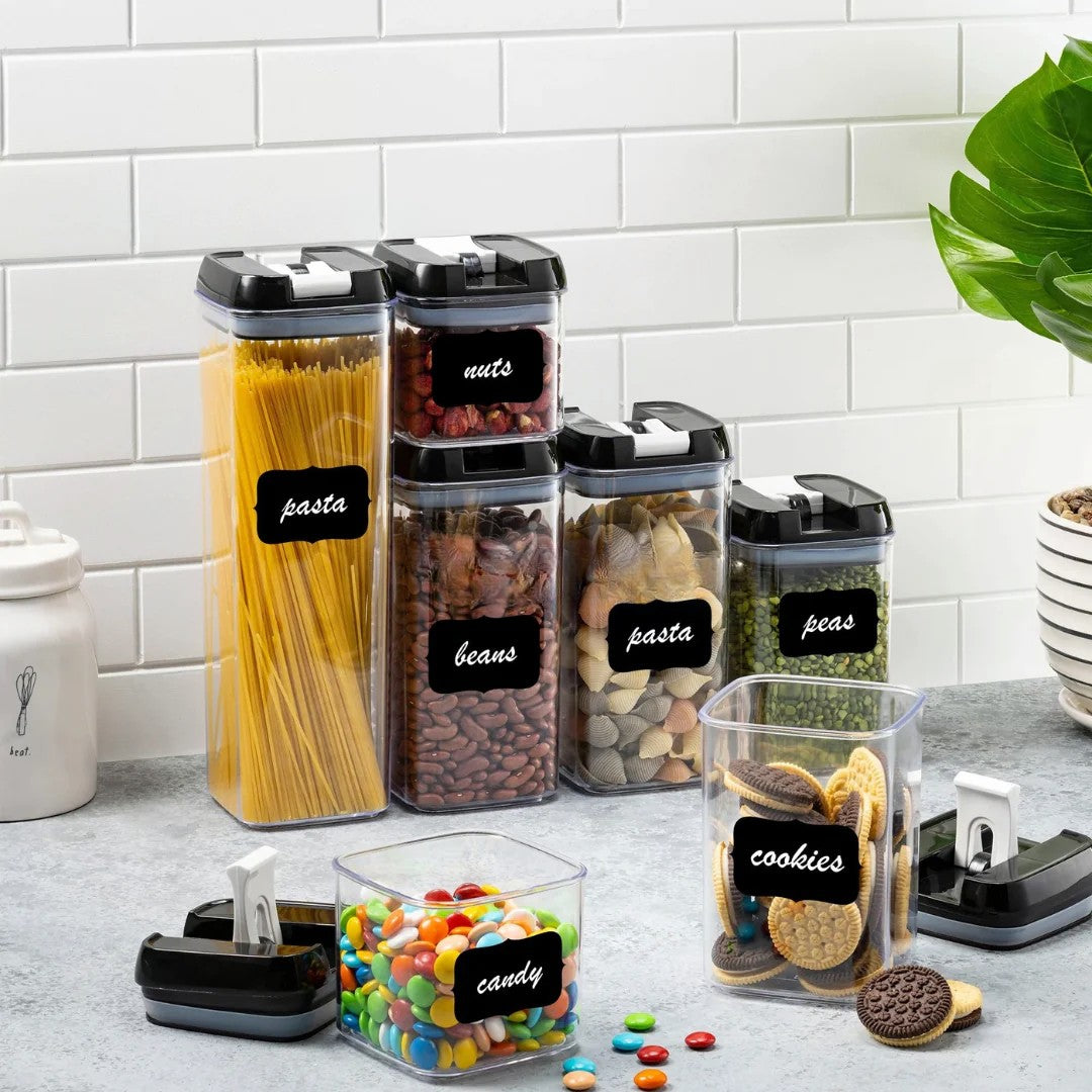 Set 7 Recipiente Organizare Alimente, Inchidere Etansa si Capace cu Garnitura, Plastic Dur Non-Toxic, Include Etichete Reutilizabile si Cupe Masurare, Transparent, 4 Dimensiuni 0.5l-1.9l