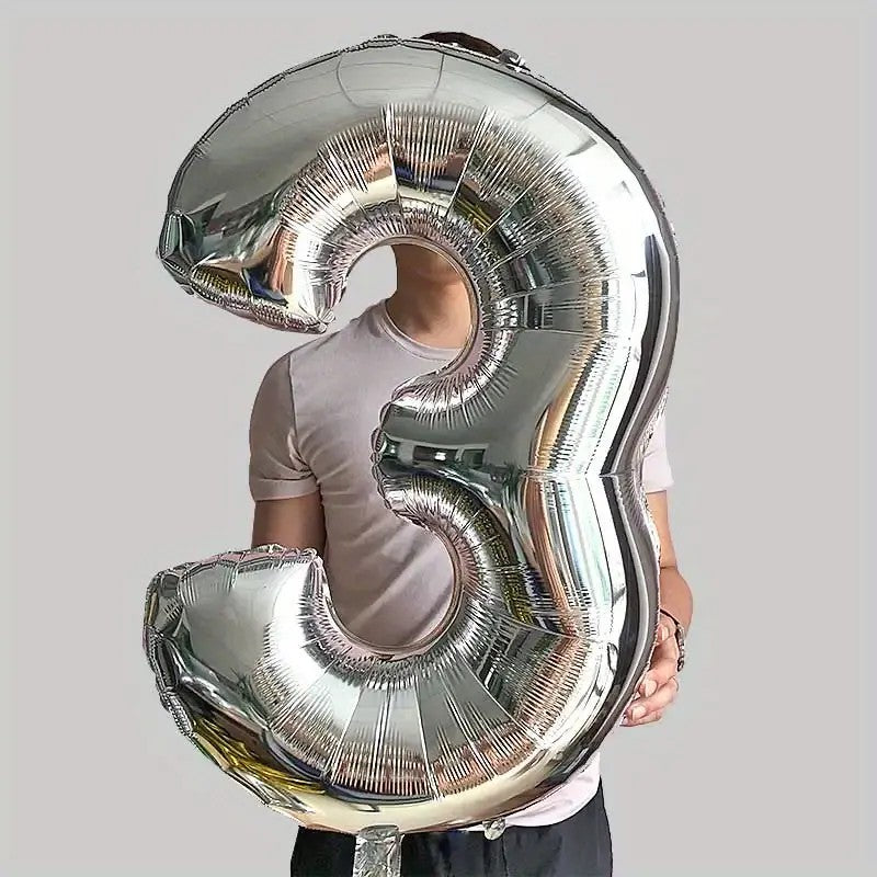 Balon Cifra 3 pentru Aniversare, Compatibil Aer sau Heliu, Folie de Aluminiu, Inaltime 81 cm, Argintiu