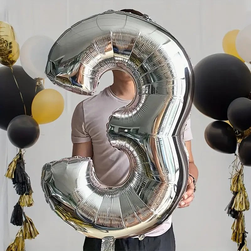 Balon Cifra 3 pentru Aniversare, Compatibil Aer sau Heliu, Folie de Aluminiu, Inaltime 81 cm, Argintiu