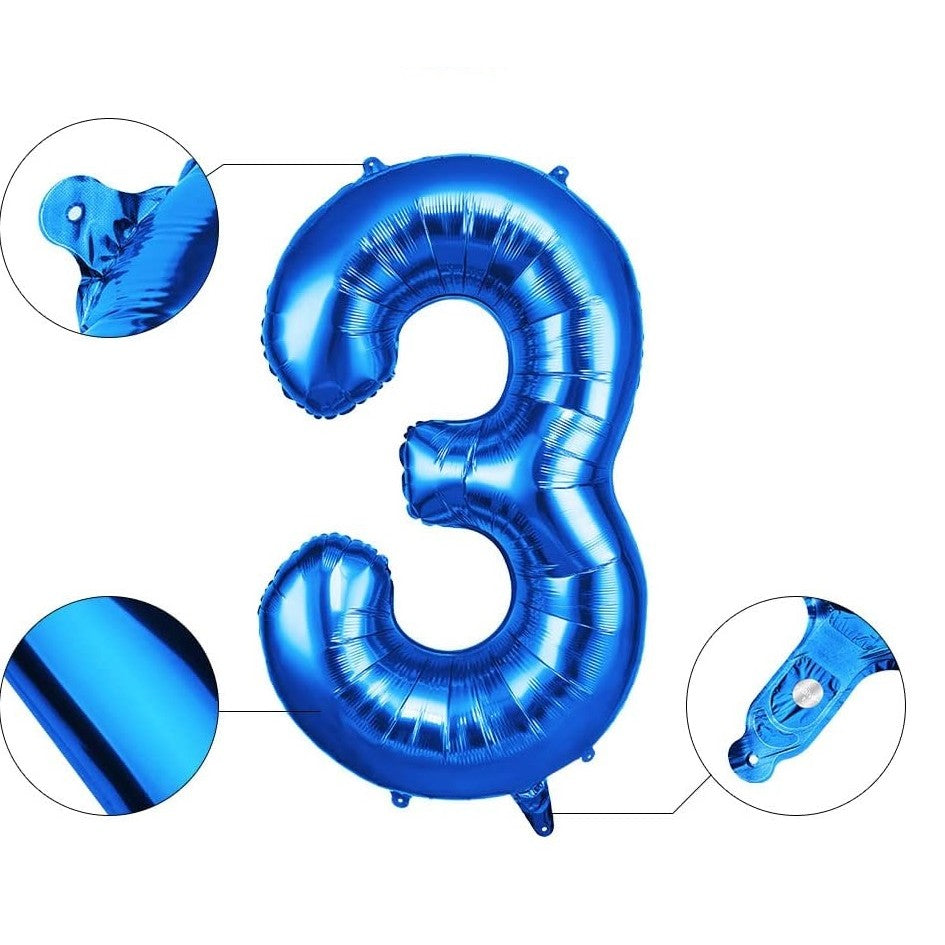Balon din Folie Aluminiu Cifra 3, Decor Petrecere pentru Aer sau Heliu, cu Pai de Umflare, Albastru, 81 cm