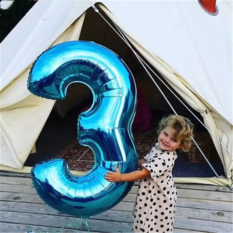 Balon din Folie Aluminiu Cifra 3, Decor Petrecere pentru Aer sau Heliu, cu Pai de Umflare, Albastru, 81 cm