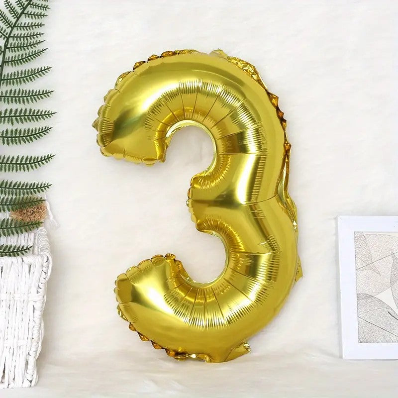 Balon Cifra 3 Pentru Aniversare, Umflare Cu Aer Sau Heliu, Agatatori Incluse, Folie Aluminiu, 81 cm, Auriu