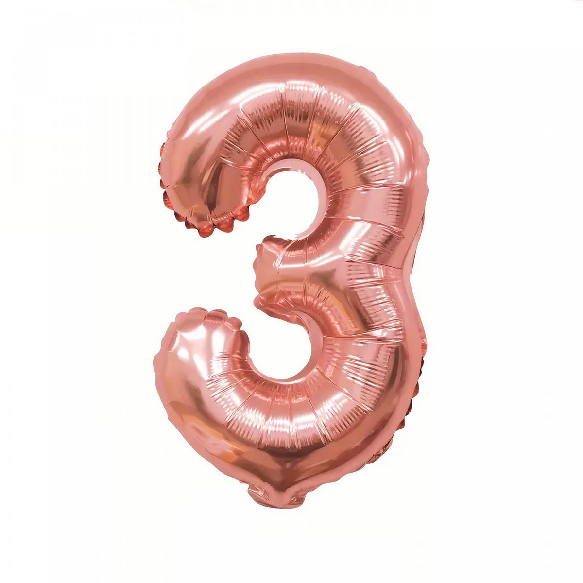 Balon din Folie Cifra 3, Balon Aniversar pentru Aer sau Heliu cu Pai Inclus, Aluminiu, 81 cm, Roz Auriu