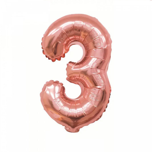 Balon din Folie Cifra 3, Balon Aniversar pentru Aer sau Heliu cu Pai Inclus, Aluminiu, 81 cm, Roz Auriu
