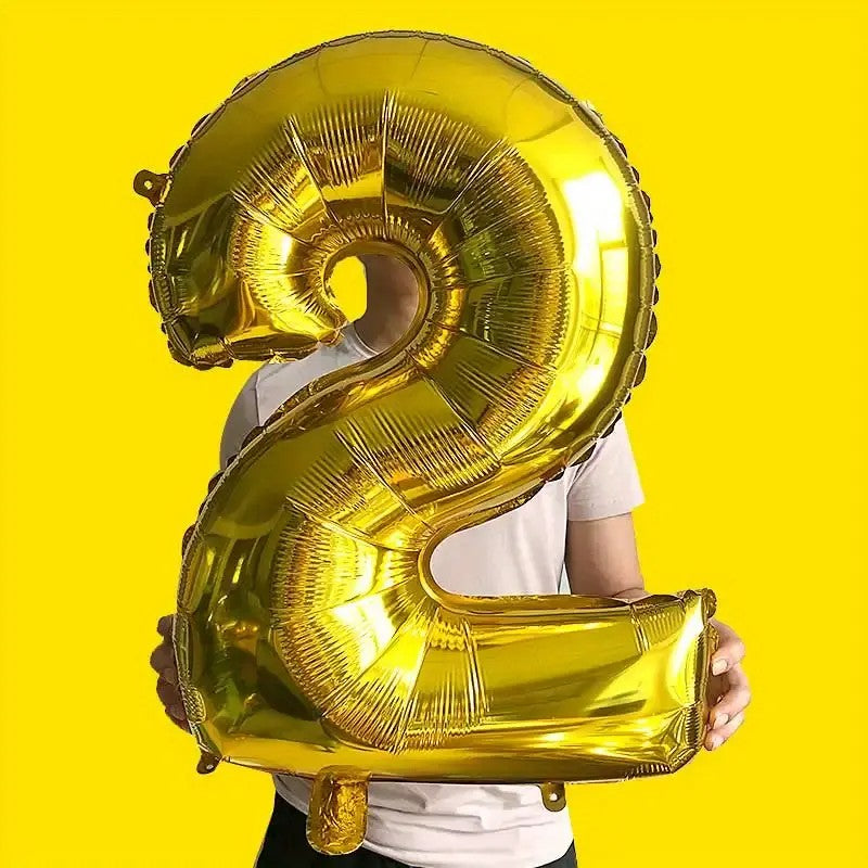 Balon din Folie de Aluminiu, Cifra 2, Compatibil Aer sau Heliu, Reutilizabil cu Supapă de Autoinchidere, Include Pai Umflare, 81 cm, Auriu