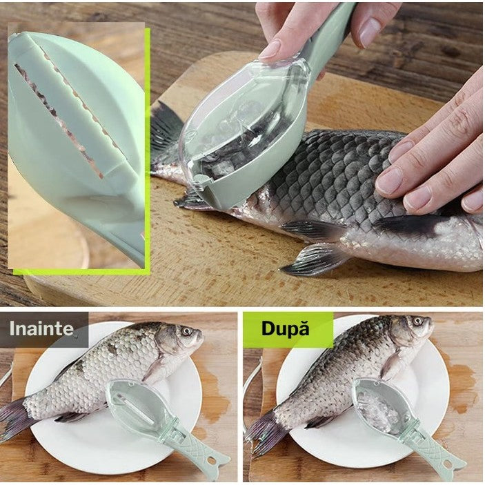Curatator Solzi de Peste cu Recipient si Capac, Dispozitiv Ergonomic pentru Curatare Rapida, Plastic, Verde Deschis, 16x6 cm