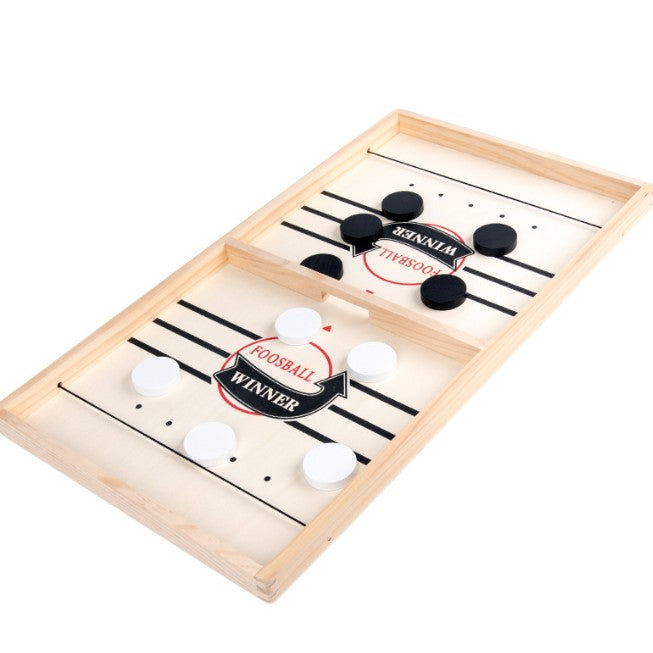 Joc Interactiv Fooseball si Hockey pe Gheata, Masa de Joc pentru 2 Jucatori, Lemn Natur, 10 Piese Incluse, Varsta +4 Ani, 54 x 29 cm, Multicolor