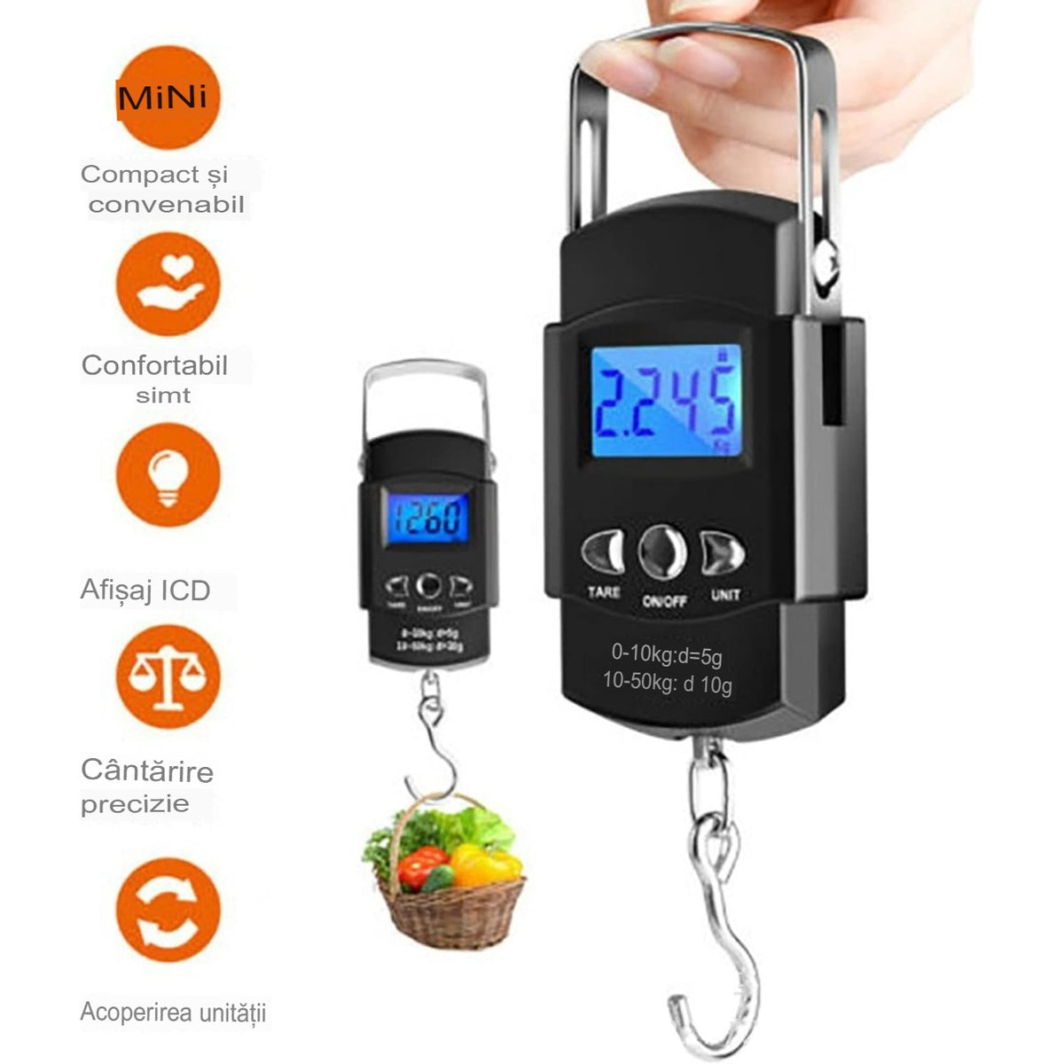 Cantar Digital de Mana pentru Bagaje si Pescuit, Cantar Portabil cu Carlig si Metru Incorporat, Ecran LCD, Capacitate 50 kg, ABS, Negru