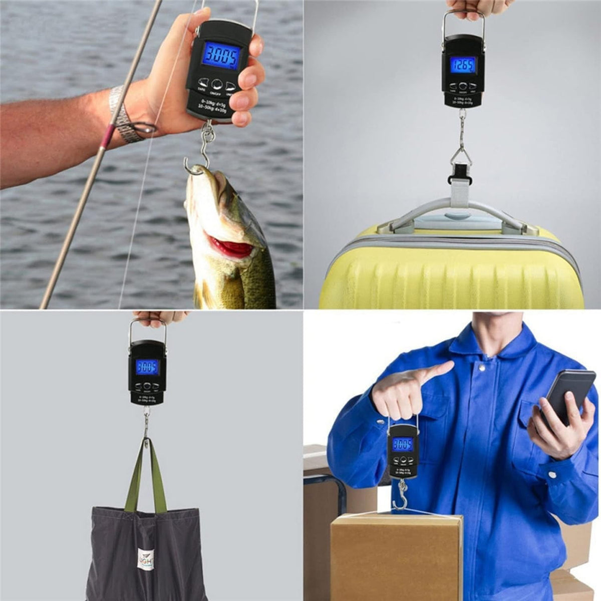 Cantar Digital de Mana pentru Bagaje si Pescuit, Cantar Portabil cu Carlig si Metru Incorporat, Ecran LCD, Capacitate 50 kg, ABS, Negru