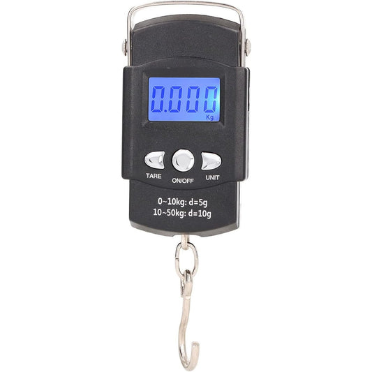 Cantar Digital de Mana pentru Bagaje si Pescuit, Cantar Portabil cu Carlig si Metru Incorporat, Ecran LCD, Capacitate 50 kg, ABS, Negru