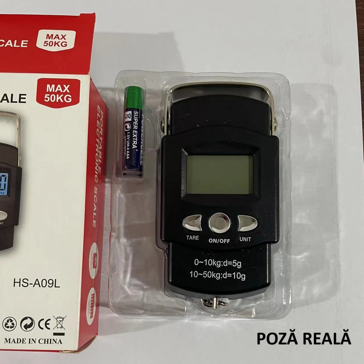 Cantar Digital de Mana pentru Bagaje si Pescuit, Cantar Portabil cu Carlig si Metru Incorporat, Ecran LCD, Capacitate 50 kg, ABS, Negru