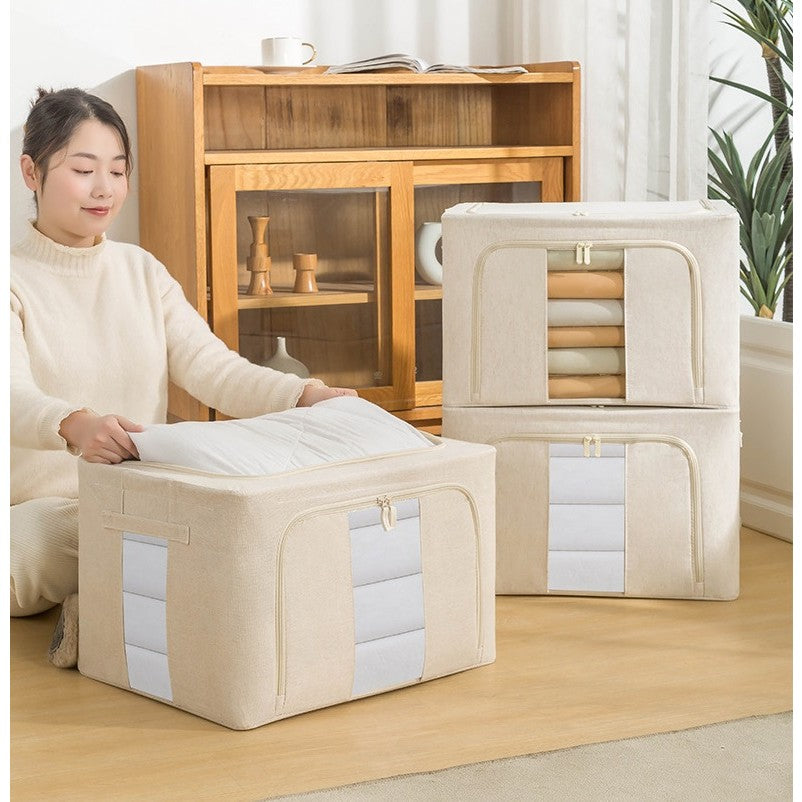 Cutie Depozitare Pliabila Pentru Haine, Organizator Cu Cadru Metalic Si Fereastra, Textil Impermeabil Cu Fermoar Dublu, 66 L, 50x40x33 cm, Bej