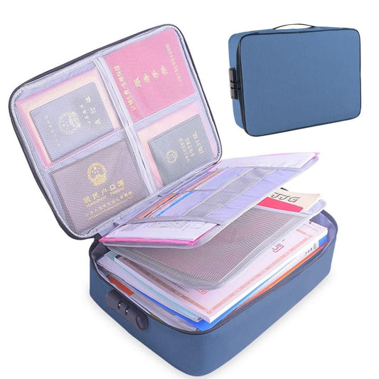 Geanta Depozitare Acte si Documente cu Cod de Securitate, Organizator Facturi si Carduri, Impermeabila, Panza Oxford, 2 Compartimente, 37 x 10.5 x 27 cm, Albastru Marin