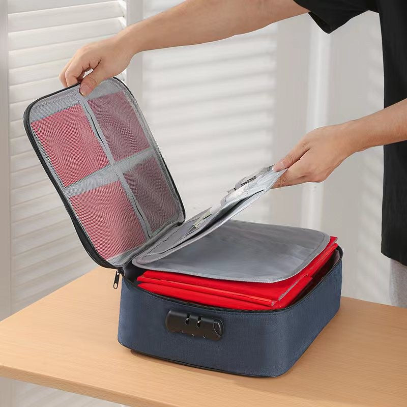 Geanta Depozitare Acte si Documente cu Cod de Securitate, Organizator Facturi si Carduri, Impermeabila, Panza Oxford, 2 Compartimente, 37 x 10.5 x 27 cm, Albastru Marin