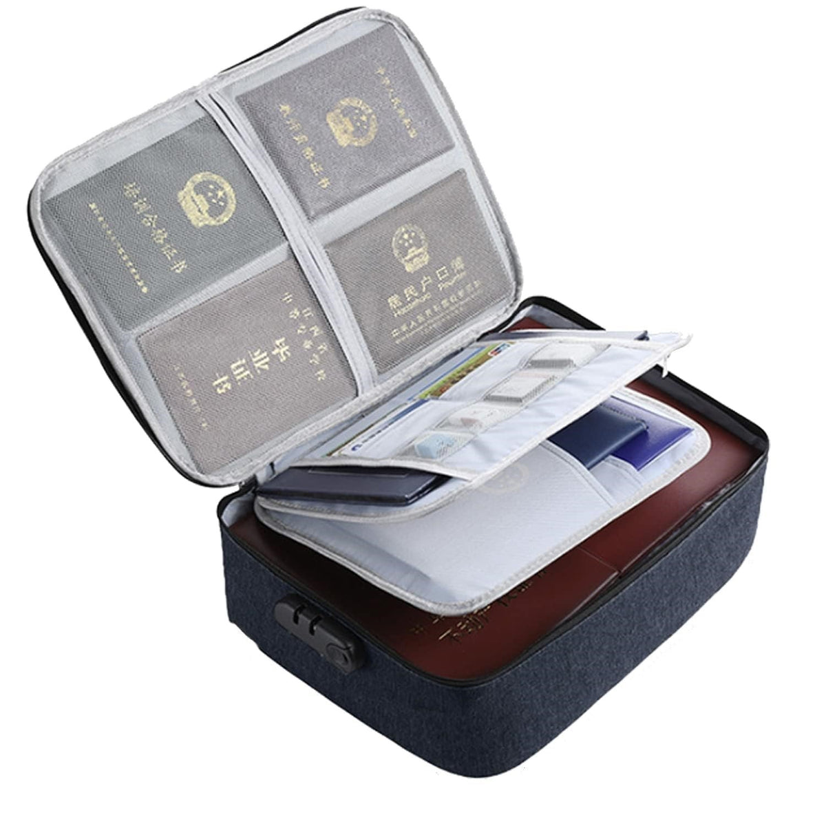 Geanta Depozitare Acte si Documente cu Cod de Securitate, Organizator Facturi si Carduri, Impermeabila, Panza Oxford, 2 Compartimente, 37 x 10.5 x 27 cm, Albastru Marin