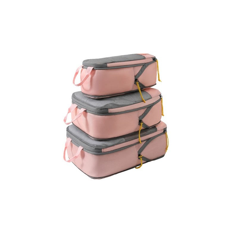 Set Organizatoare Bagaj Compresibile, Genti Voiaj pentru Depozitare Haine, Impermeabile, Fermoar Dublu, Panza Oxford, 3 Piese, S-M-L, Roz